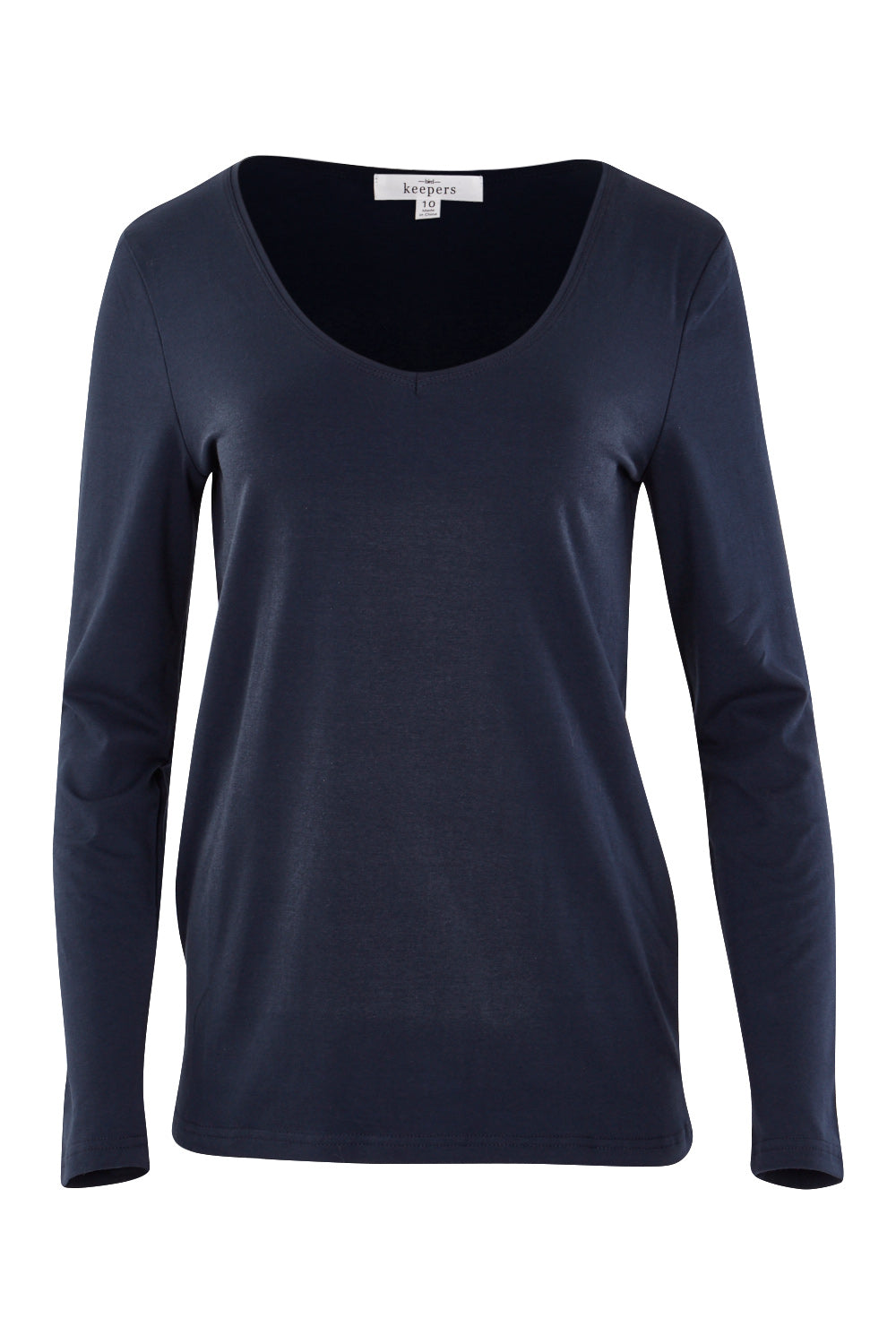 Product shot of The Long Sleeve V Neck Tee in colour Navy (Blue), from the front