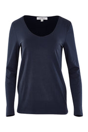 Product shot of The Long Sleeve V Neck Tee in colour Navy (Blue), from the front