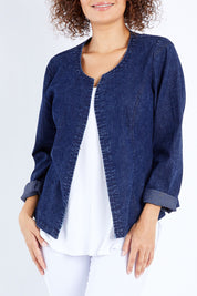 Model Lala wearing size 10 of The Collarless Denim Panel Jacket in colour Denimblue (Blue), from the front, cropped image
