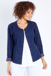 Model Lala wearing size 10 of The Collarless Denim Panel Jacket in colour Denimblue (Blue), from the front, cropped image