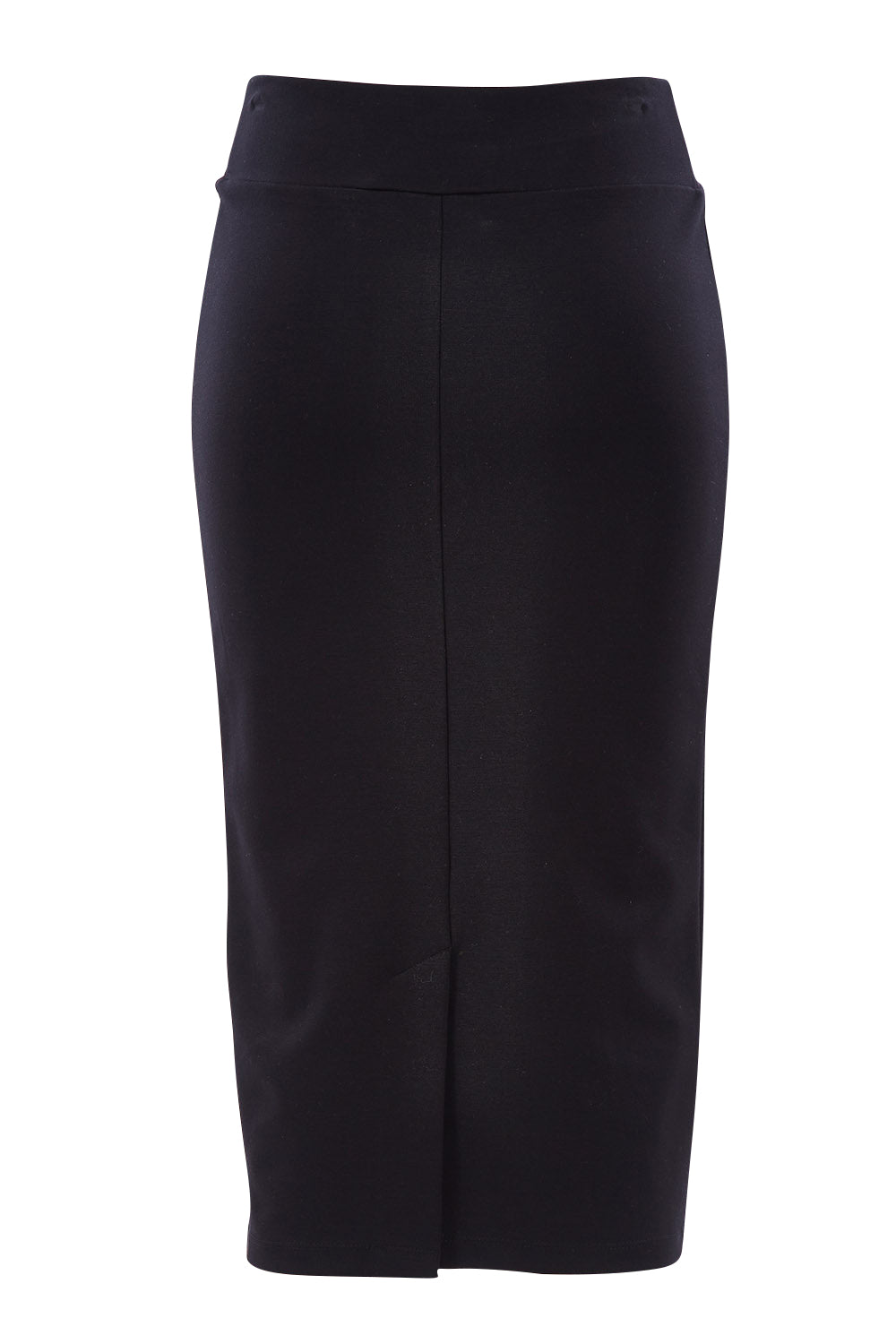 Product shot of The Ponte Pull On Midi Skirt in colour Black (Black), from the back