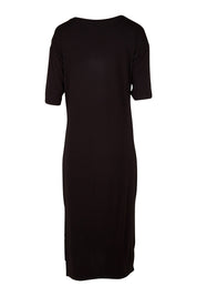 Product shot of The 3/4 Sleeve Mid Length Tee Dress in colour Black (Black), from the back