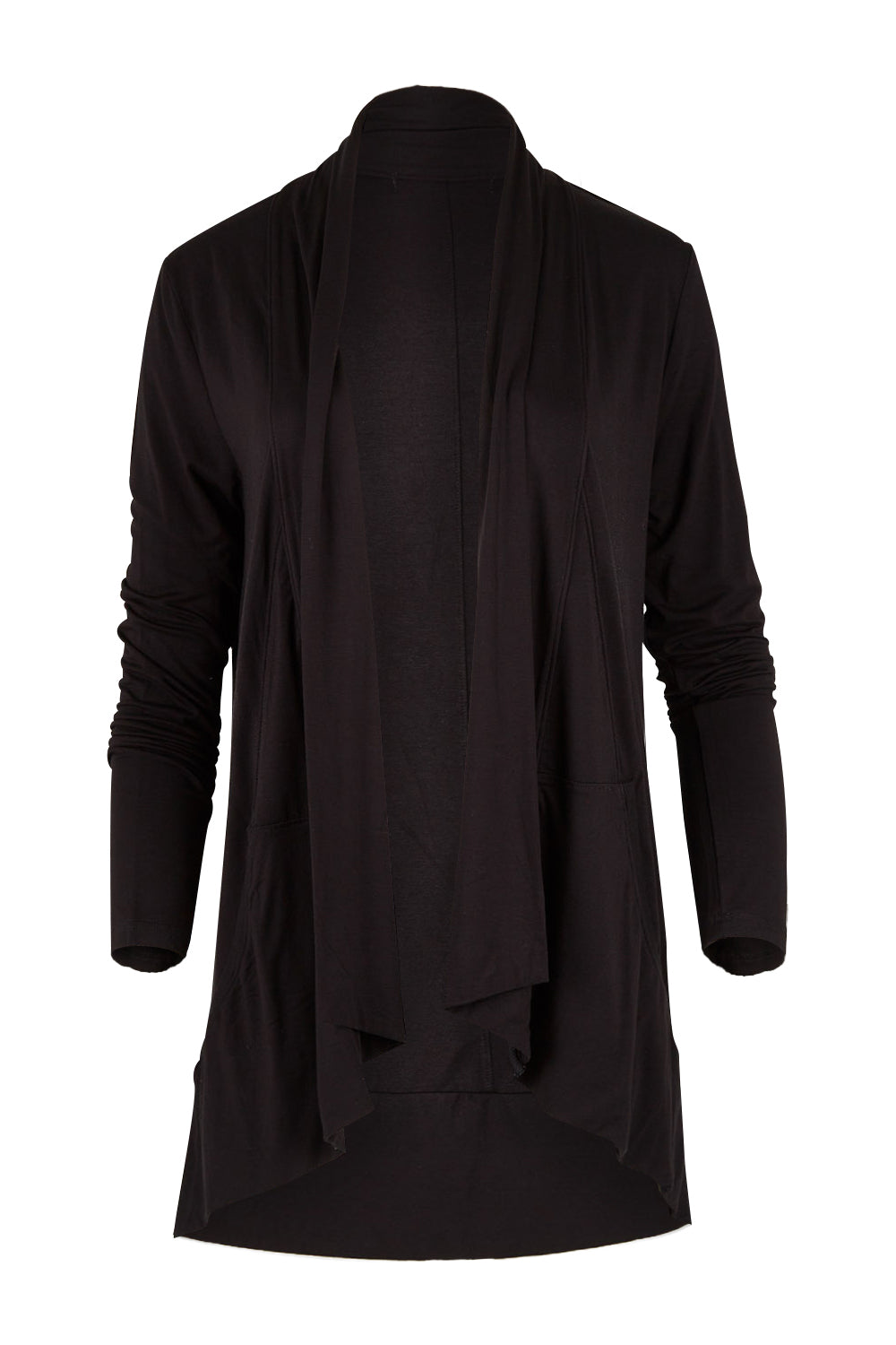 Product shot of The Draped Edge To Edge Cardigan in colour Black (Black), from the front