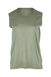 Product shot of The Essential Crew Neck Tank in colour Olive (Green), from the front