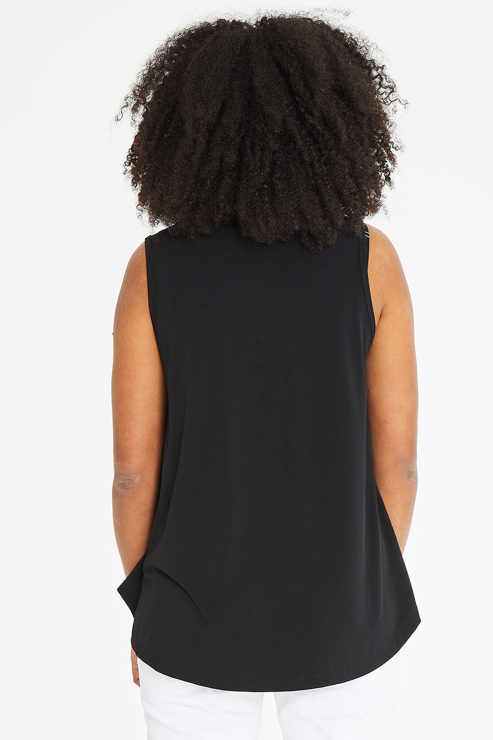 Model Schanez wearing size 10 of The Essential Swing Tank in colour Black (Black), from the back