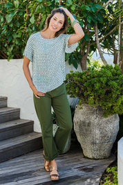 Model Amanda wearing size 10 of The Frill Sleeve Blouse in colour Khaki (Green), from the front, showing the whole outfit