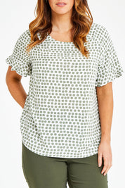 Model Laura wearing size 14 of The Frill Sleeve Blouse in colour Khaki (Green), from the front, cropped image