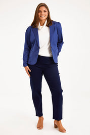 Model Monique wearing size 14 of The 7/8 Pull On Pant in colour Darkdenim (Blue), from the front, showing the whole outfit