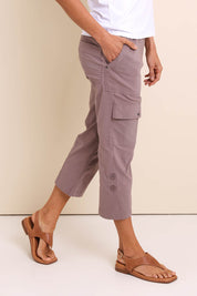 Model Amandam wearing size 10 of the :The Lightweight Cotton Blend Cargo Pant  - Baci in colour Baci, from an angle
