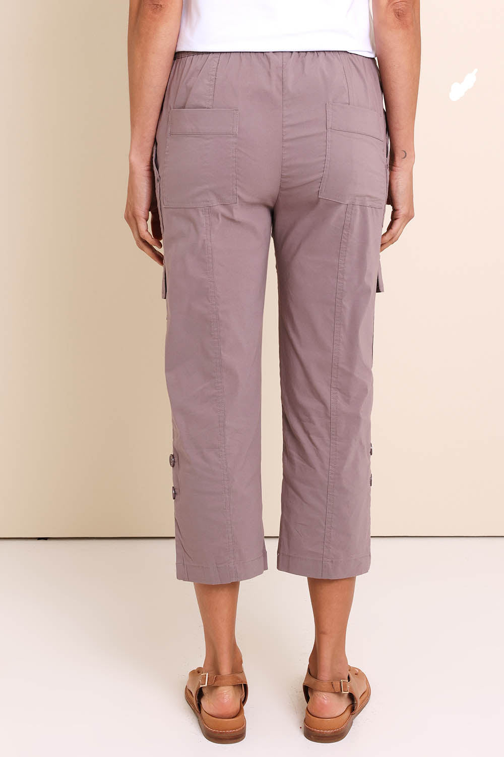 Model Amandam wearing size 10 of the :The Lightweight Cotton Blend Cargo Pant  - Baci in colour Baci, from the front