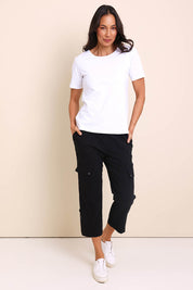 Model Amandam wearing size 10 of the The Cotton Blend Cargo Pant - Black in colour Black, from the front