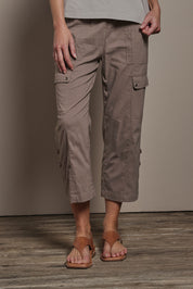 Model Madeline wearing size 10 of The Cotton Blend Cargo Pant in colour Coffee, from the front, cropped image