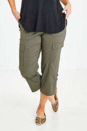 Model Laura wearing size 14 of The Cotton Blend Cargo Pant in colour Olive (Green), from the front, cropped image