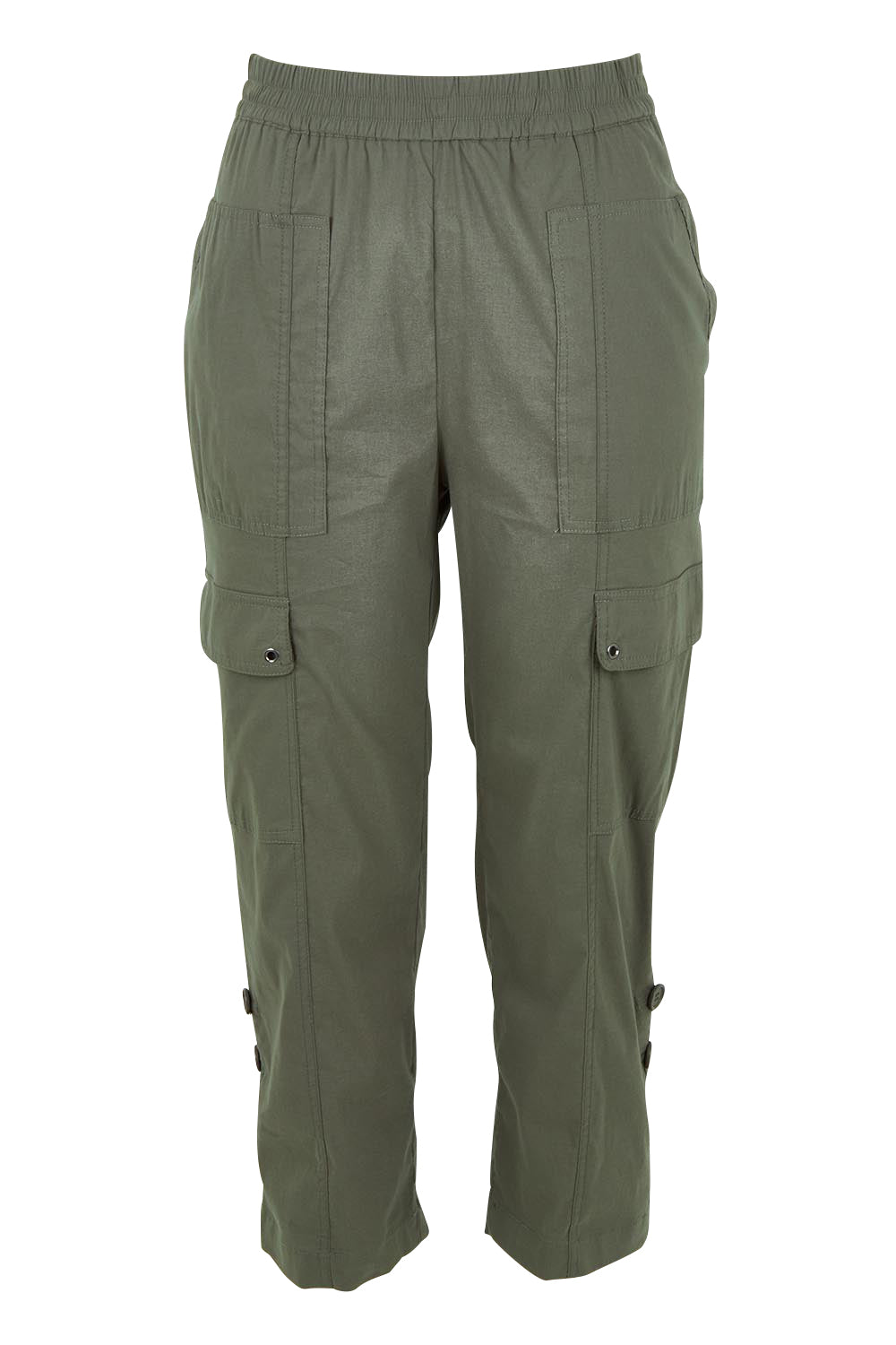Product shot of The Cotton Blend Cargo Pant in colour Olive (Green), from the front