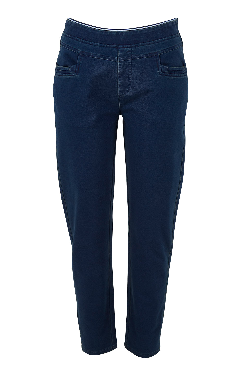 Product shot of The Leisure Pull On Pant in colour Navy (Blue), from the front