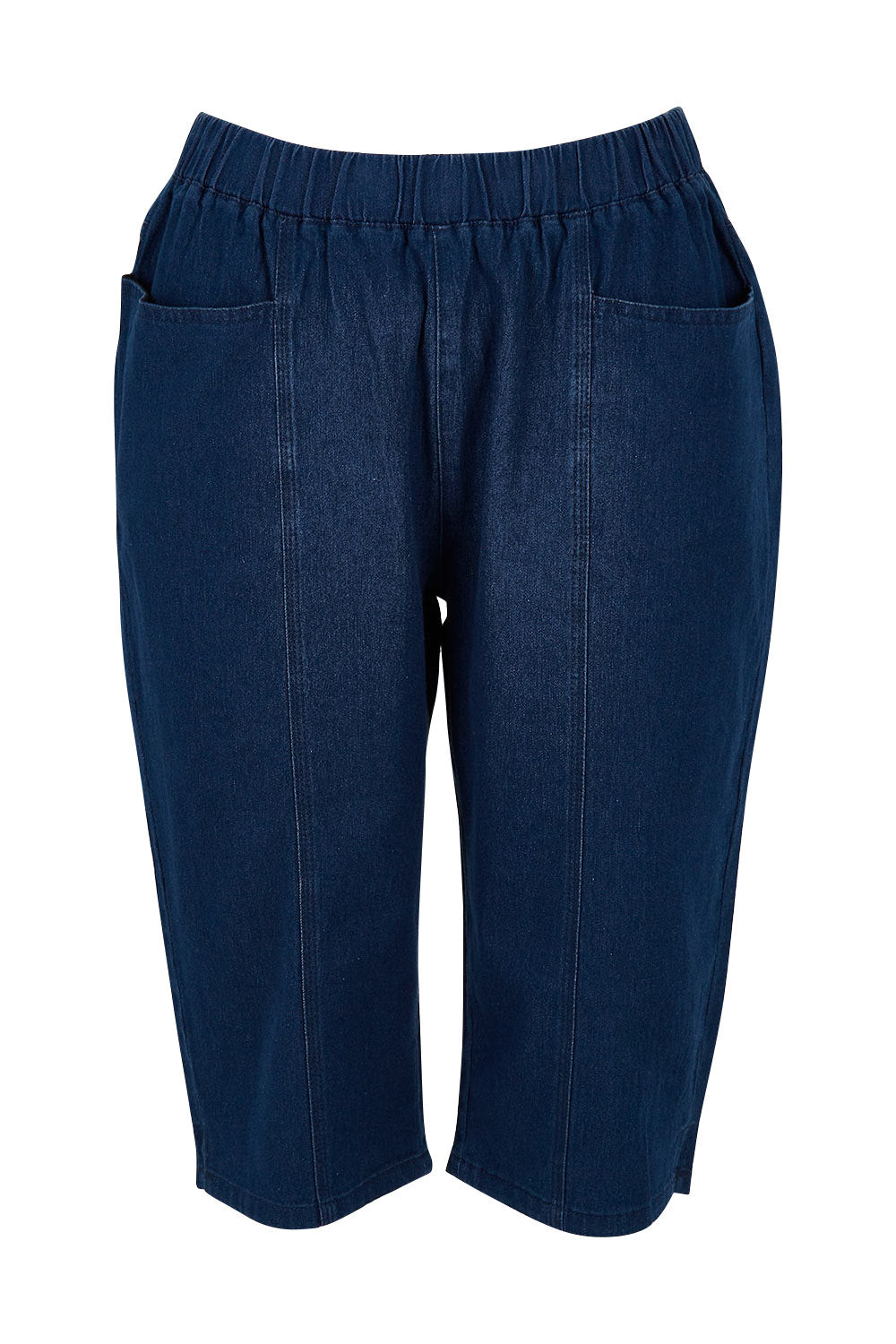 Product shot of The Bermuda Pull On Short in colour Denim (Blue), from the front