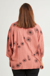 Model Monique wearing size 14 of The Relax Fit Printed Top in colour Rosecopper (Pink), from the back