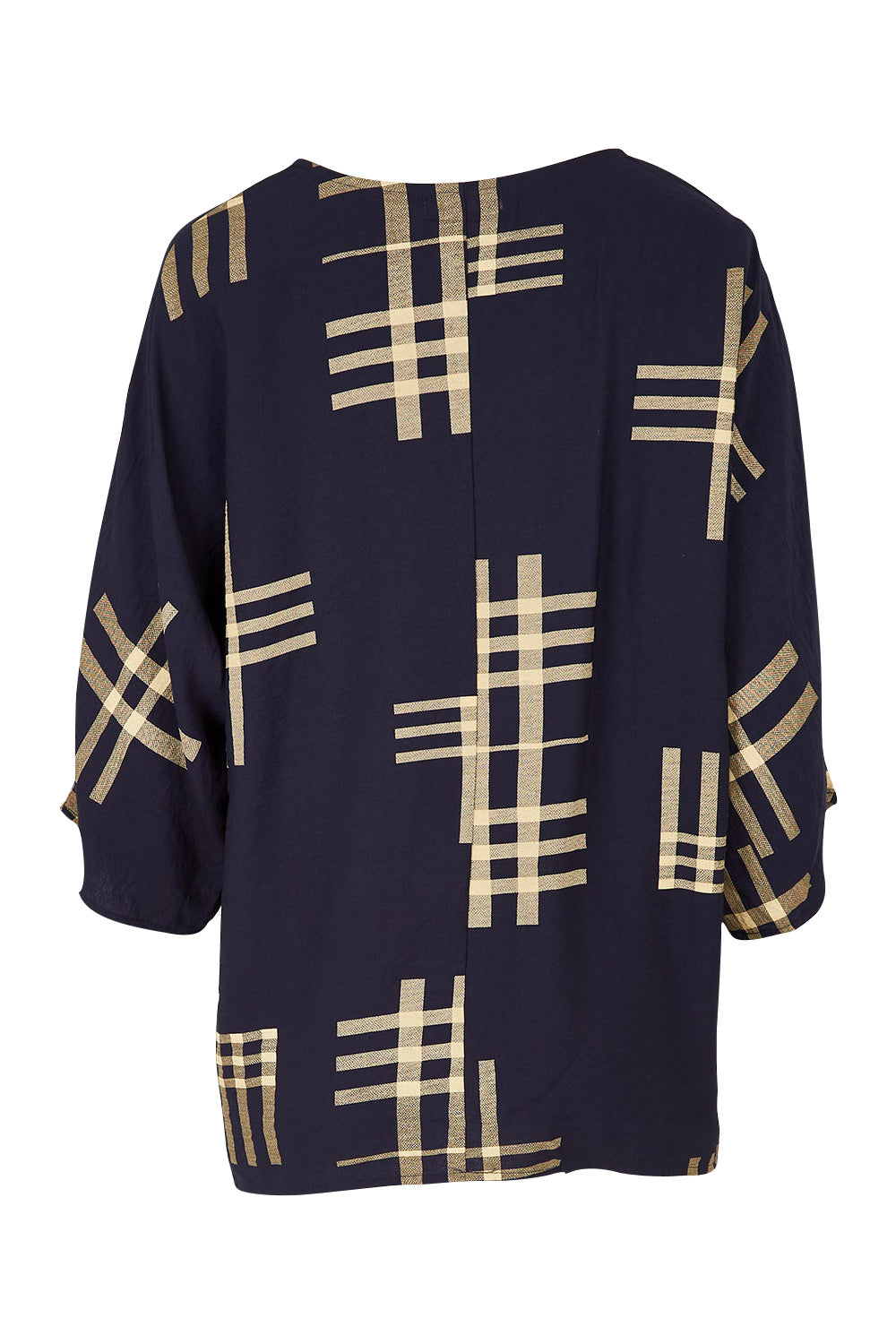 Product shot of The Relax Fit Printed Top in colour Navycamel (Blue), from the back