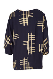 Product shot of The Relax Fit Printed Top in colour Navycamel (Blue), from the back