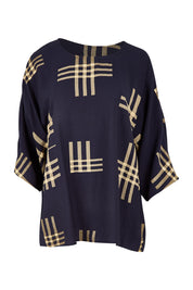 Product shot of The Relax Fit Printed Top in colour Navycamel (Blue), from the front