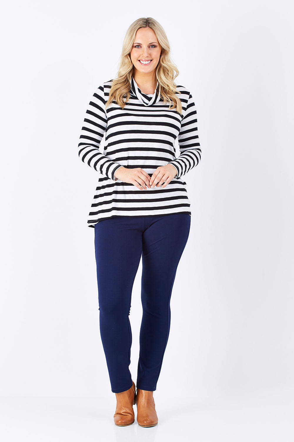 Model Jess wearing size 14 of The Straight Leg Ponte Pant in colour Navy (Blue), from the front, showing the whole outfit