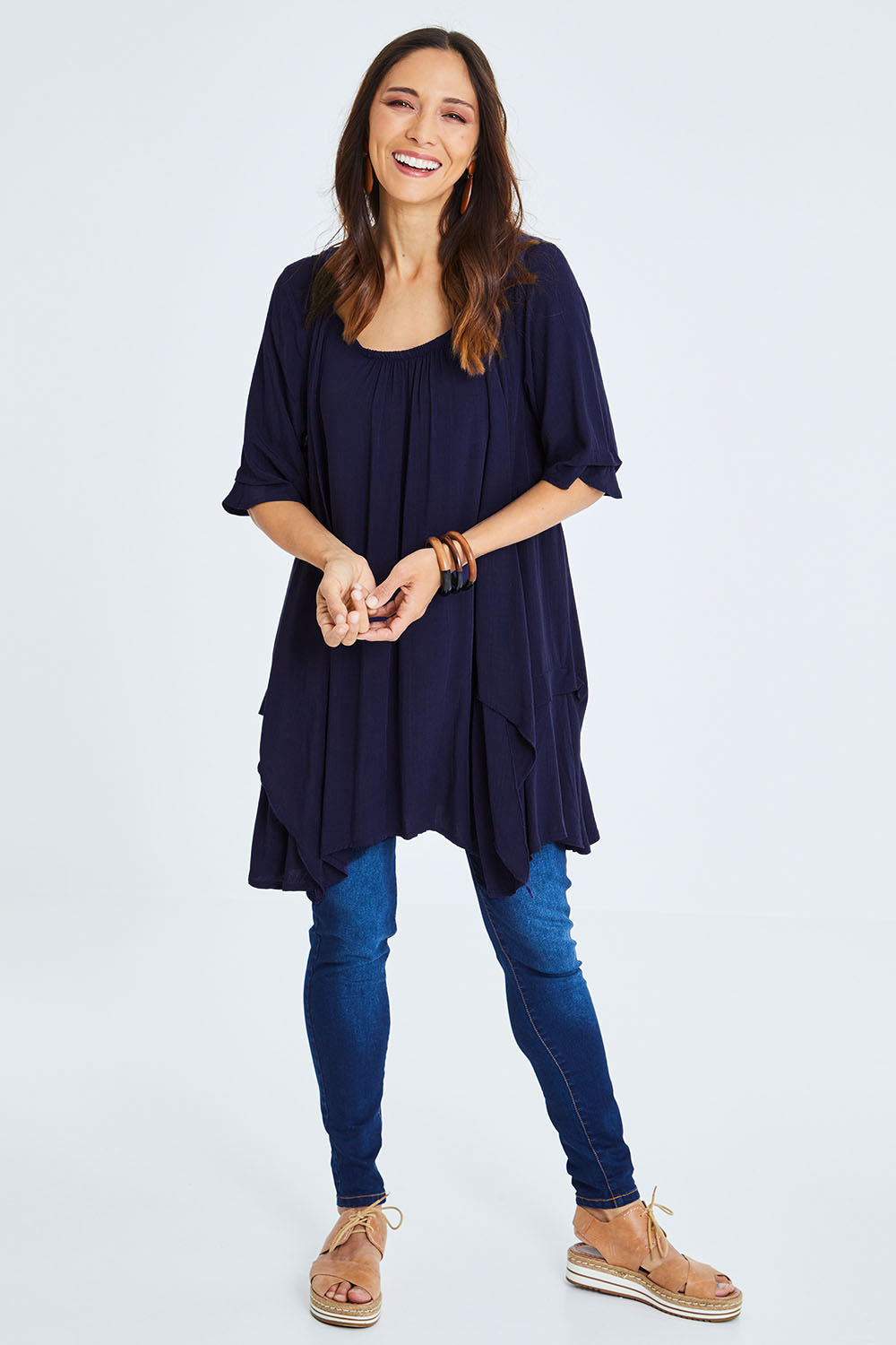 Model Cara wearing size 10 of The Tie Detail 2 For Top in colour Navy (Blue), from the front, showing the whole outfit