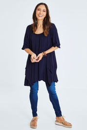 Model Cara wearing size 10 of The Tie Detail 2 For Top in colour Navy (Blue), from the front, showing the whole outfit
