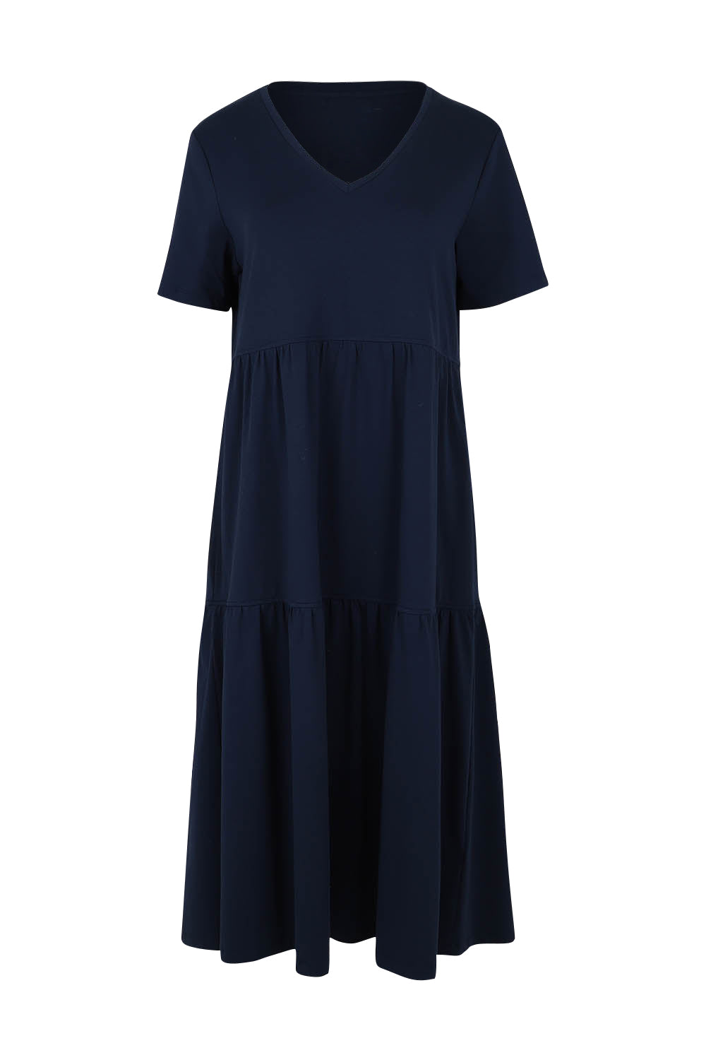 Product shot of The Tiered Jersey Dress in colour Navy (Blue), from the front