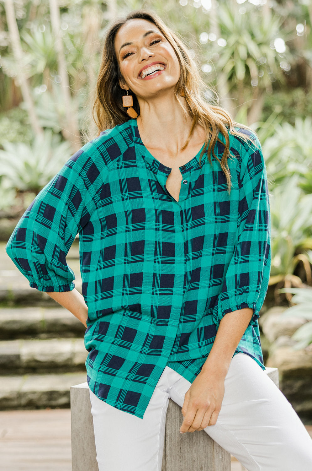 Model Amanda wearing size 10 of The Perfect Relaxed Fit Shirt in colour Navycheck (Blue), from the front, showing the whole outfit