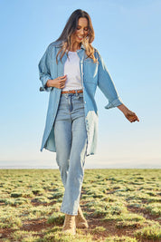Model Amanda wearing size 10 of The Keepers Highwaisted Straight Jean in colour Lightdenim (Blue), from the front, showing the whole outfit