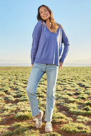 Model Amanda wearing size 10 of The Keepers Highwaisted Straight Jean in colour Lightdenim (Blue), from the front, showing the whole outfit