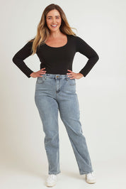 Model Chanel wearing size 16 of The Keepers Highwaisted Straight Jean in colour Lightdenim (Blue), from the front, showing the whole outfit