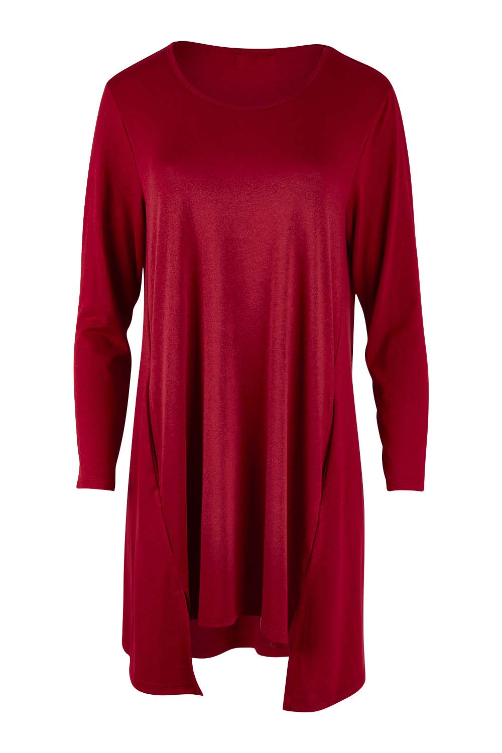 Product shot of The Crew Neck High Low Tunic in colour Redberry (Red), from the front