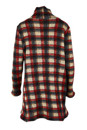 Product shot of The Woolly Knit High Low Tunic in colour Navycheck (Blue), from the back