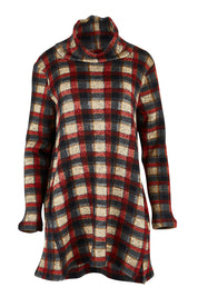 Product shot of The Woolly Knit High Low Tunic in colour Navycheck (Blue), from the front