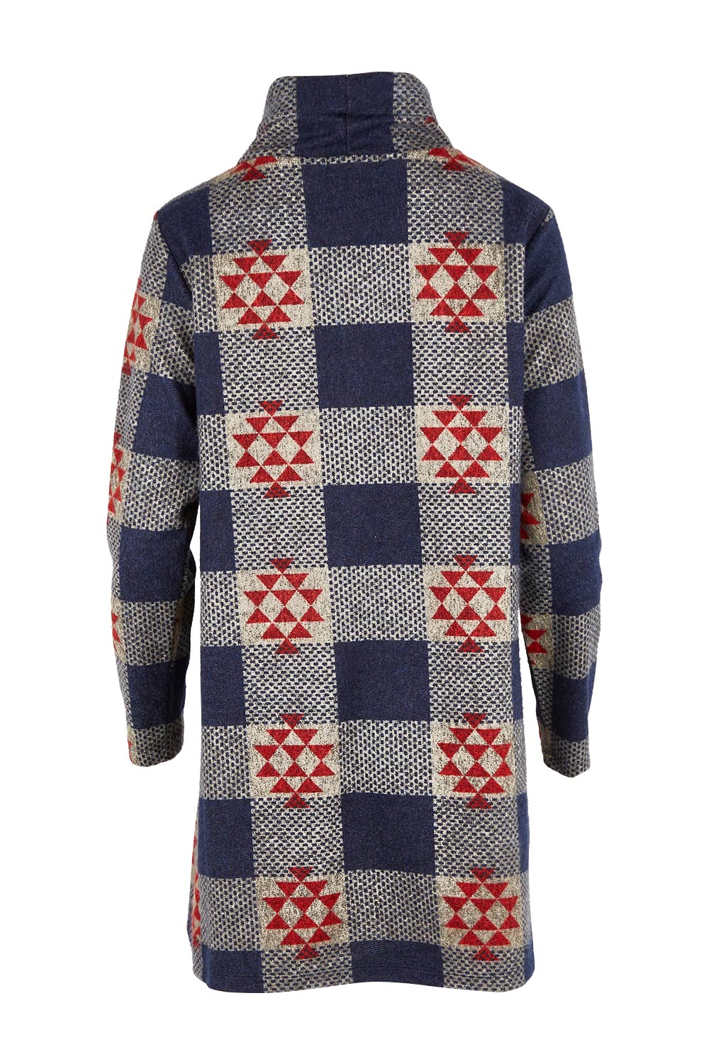 Product shot of The Woolly Knit High Low Tunic in colour Navyred (Blue), from the back