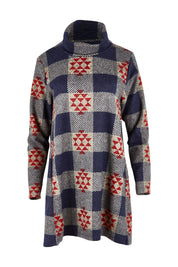 Product shot of The Woolly Knit High Low Tunic in colour Navyred (Blue), from the front
