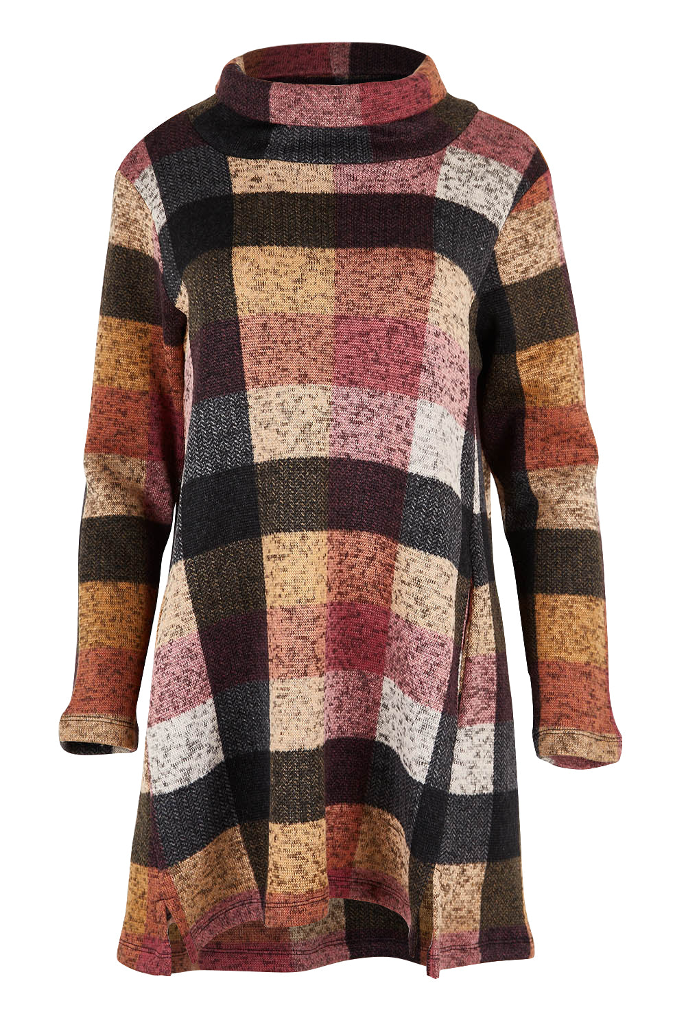 Product shot of The Woolly Knit High Low Tunic in colour Pinkcheck (Pink), from the front