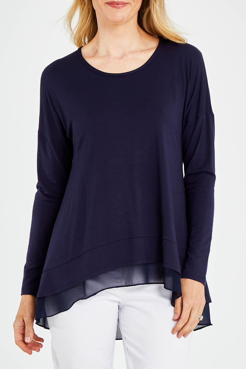 Model Kelly wearing size 10 of The Chiffon Underlay Layered Tee in colour Darknavy (Blue), from the front, cropped image