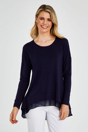 Model Kelly wearing size 10 of The Chiffon Underlay Layered Tee in colour Darknavy (Blue), from the front, cropped image
