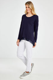 Model Kelly wearing size 10 of The Chiffon Underlay Layered Tee in colour Darknavy (Blue), from the front, showing the whole outfit