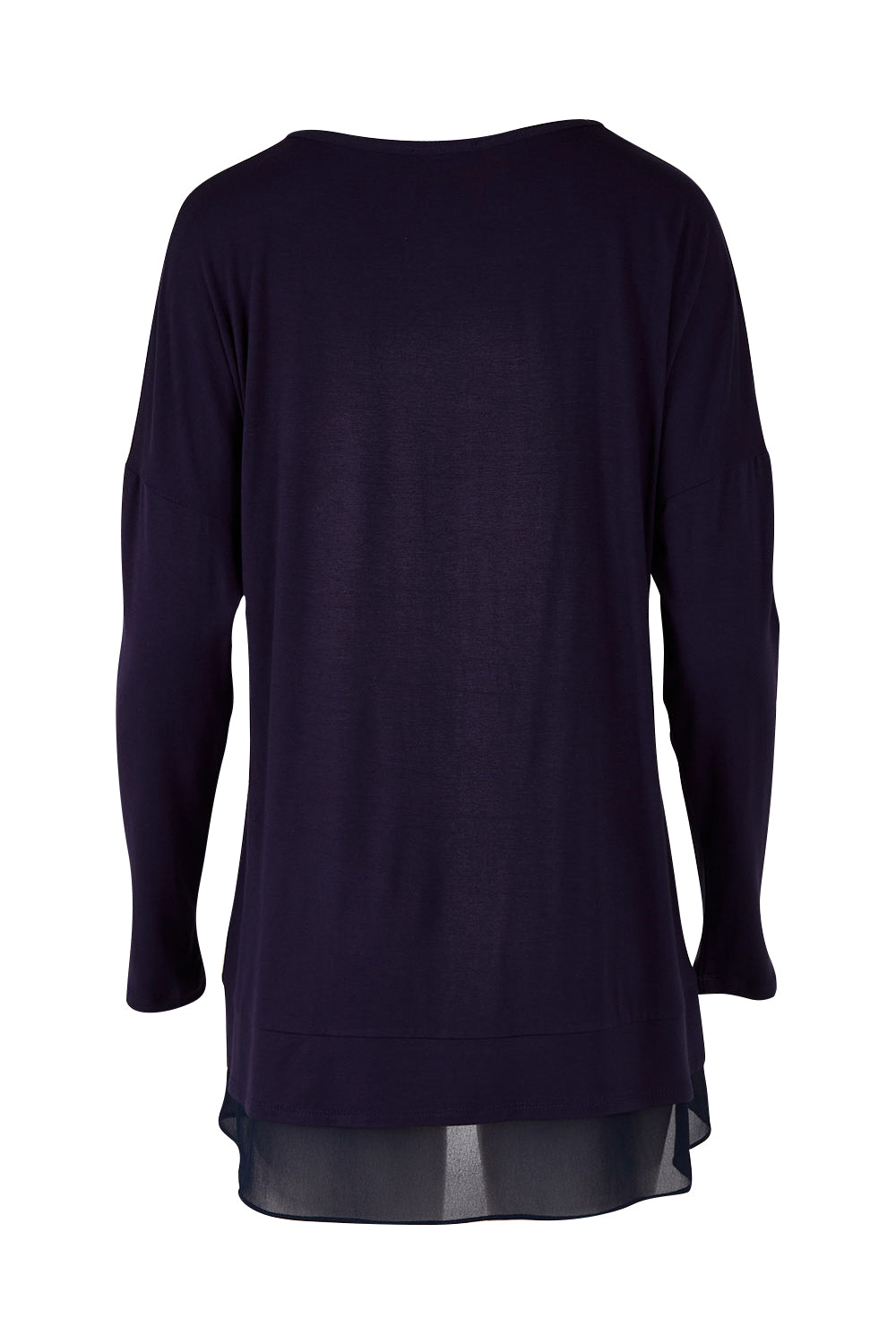 Product shot of The Chiffon Underlay Layered Tee in colour Darknavy (Blue), from the back