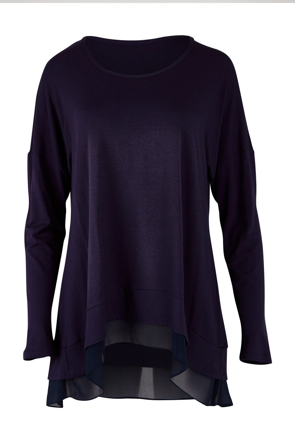 Product shot of The Chiffon Underlay Layered Tee in colour Darknavy (Blue), from the front