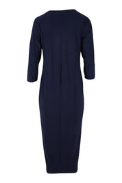 Product shot of The Recycled Everyday V Neck Dress in colour Navy (Blue), from the back
