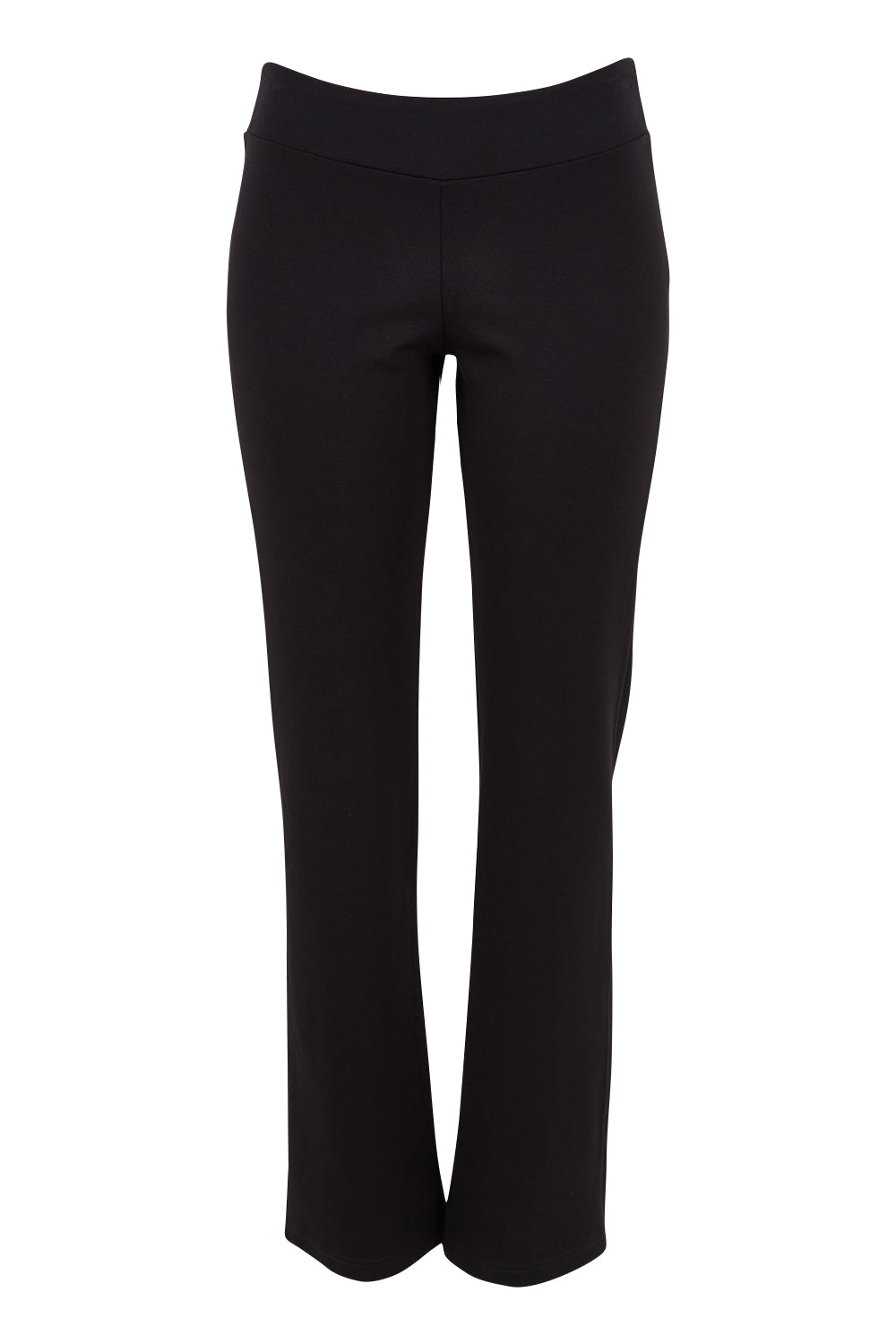 Product shot of The Pull On Ponte Boot Leg Pant in colour Black (Black), from the front