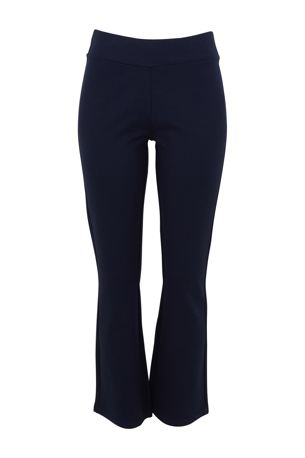 Product shot of The Pull On Ponte Boot Leg Pant in colour Darknavy (Blue), from the front