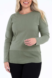 Model Katie wearing size 10 of The Rib Trim Long Sleeve Tee in colour Olive (Green), from the front, cropped image