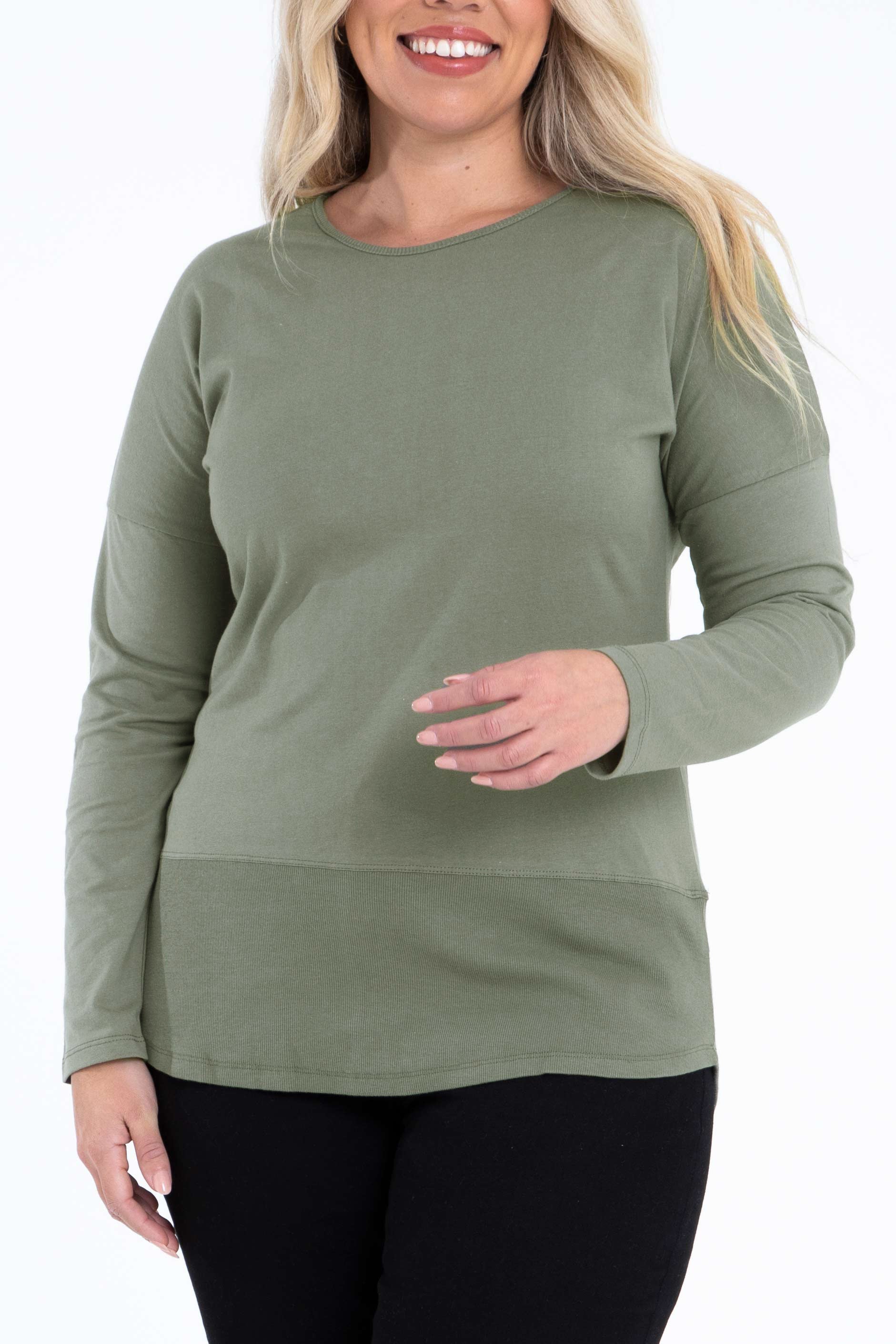 Model Katie wearing size 10 of The Rib Trim Long Sleeve Tee in colour Olive (Green), from the front, cropped image