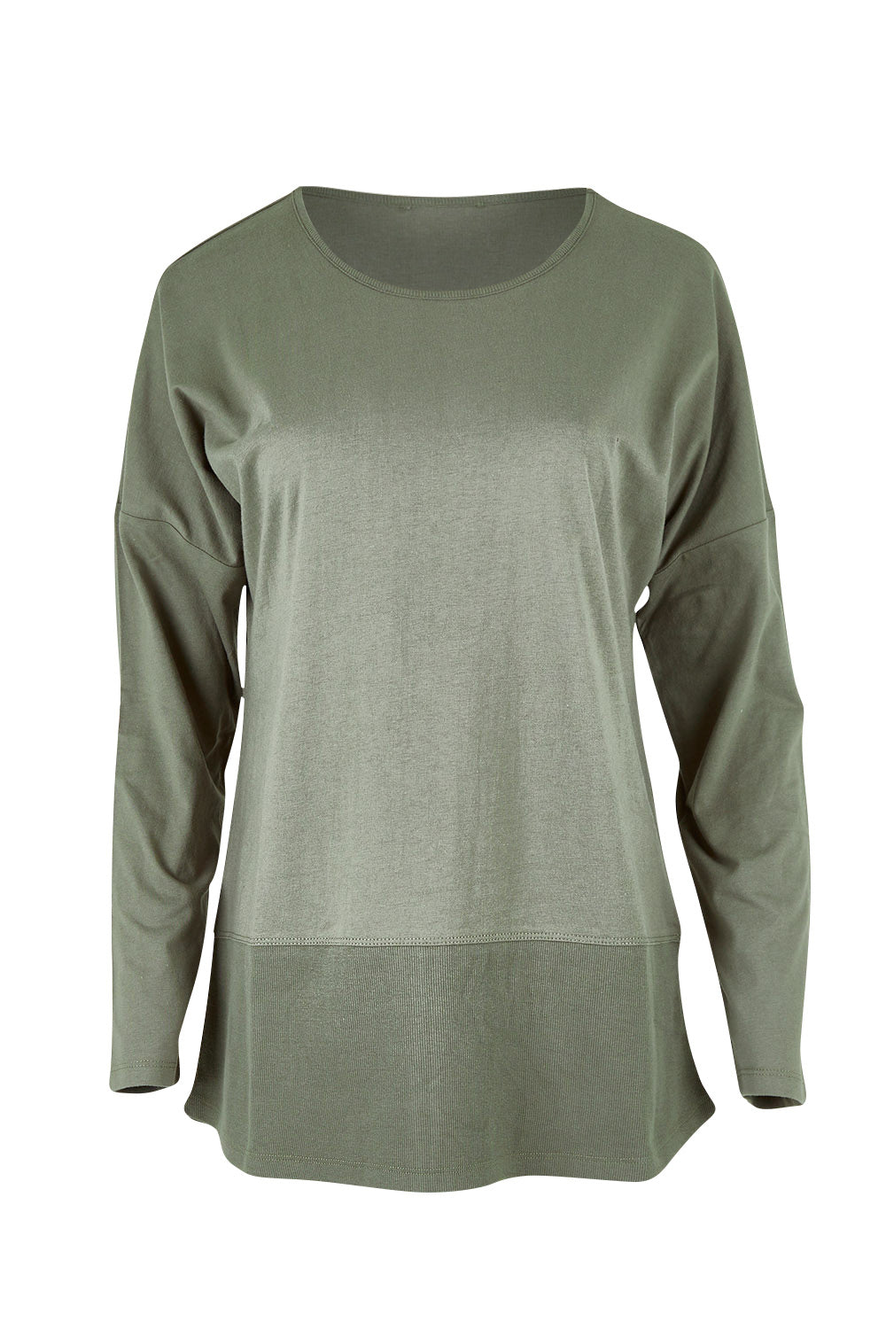 Product shot of The Rib Trim Long Sleeve Tee in colour Olive (Green), from the front