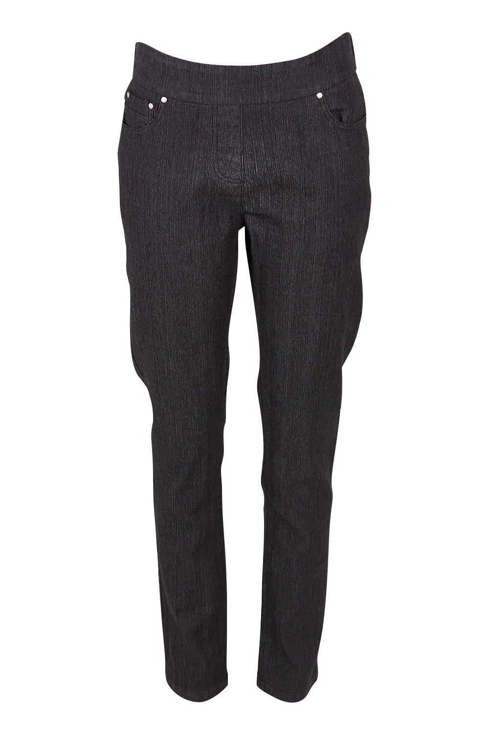 Product shot of The 7/8 Pull On Jean in colour Blackdenim (Black), from the front